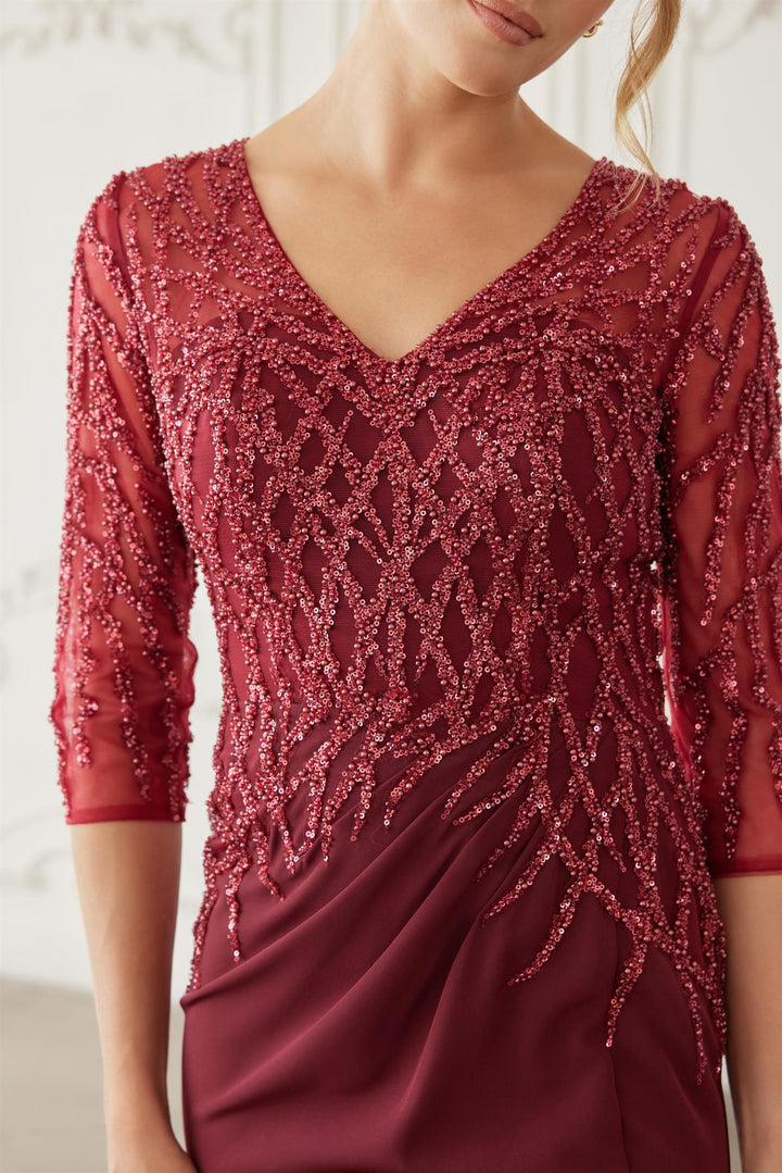 Beaded 3/4 Sleeve Slit Gown by Nox Anabel MH161