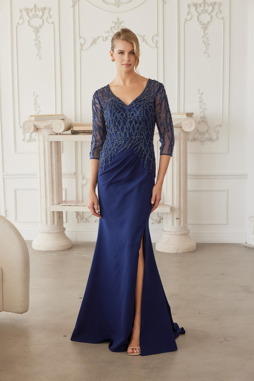 Beaded 3/4 Sleeve Slit Gown by Nox Anabel MH161