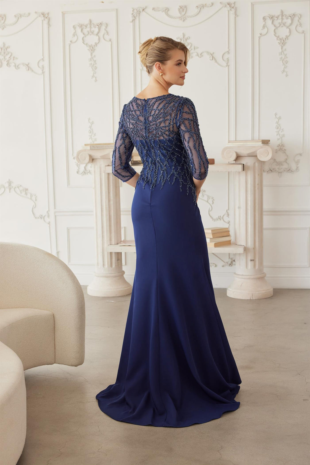 Beaded 3/4 Sleeve Slit Gown by Nox Anabel MH161