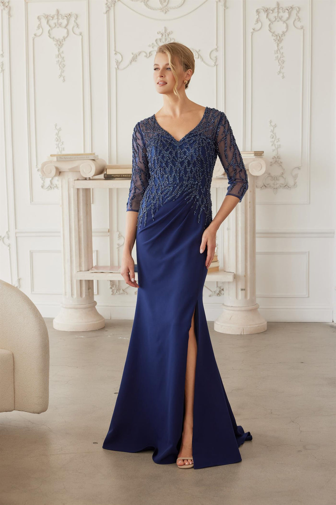 Beaded 3/4 Sleeve Slit Gown by Nox Anabel MH161