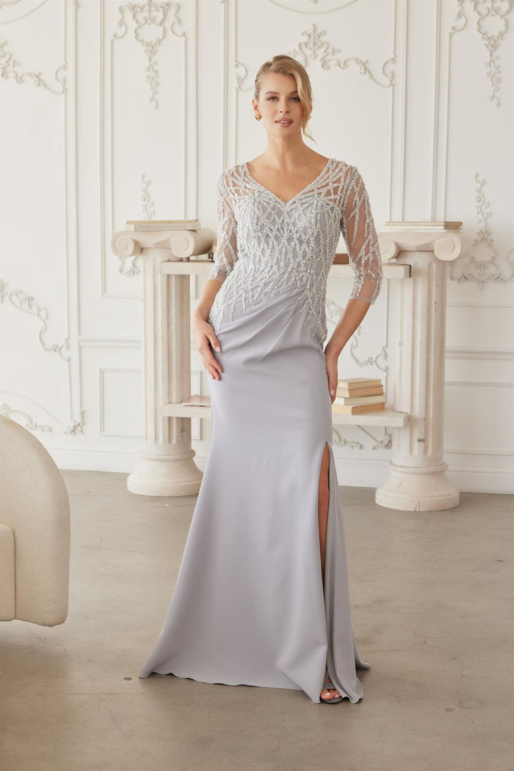 Beaded 3/4 Sleeve Slit Gown by Nox Anabel MH161