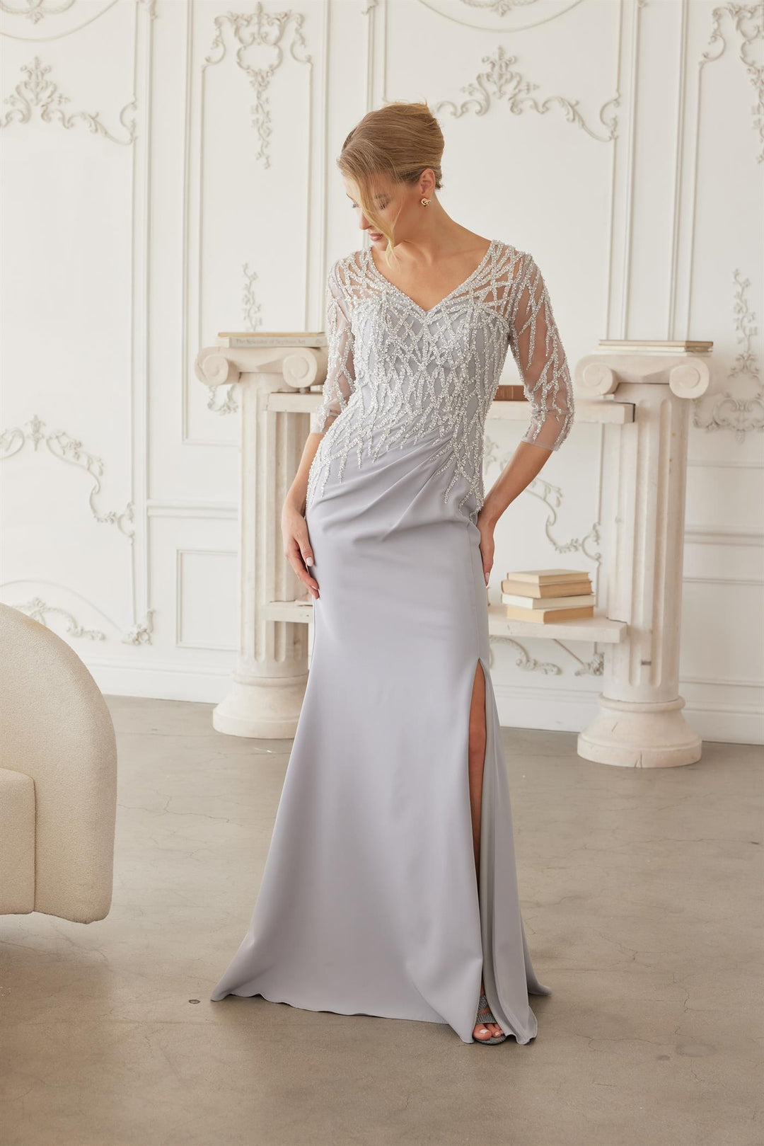 Beaded 3/4 Sleeve Slit Gown by Nox Anabel MH161