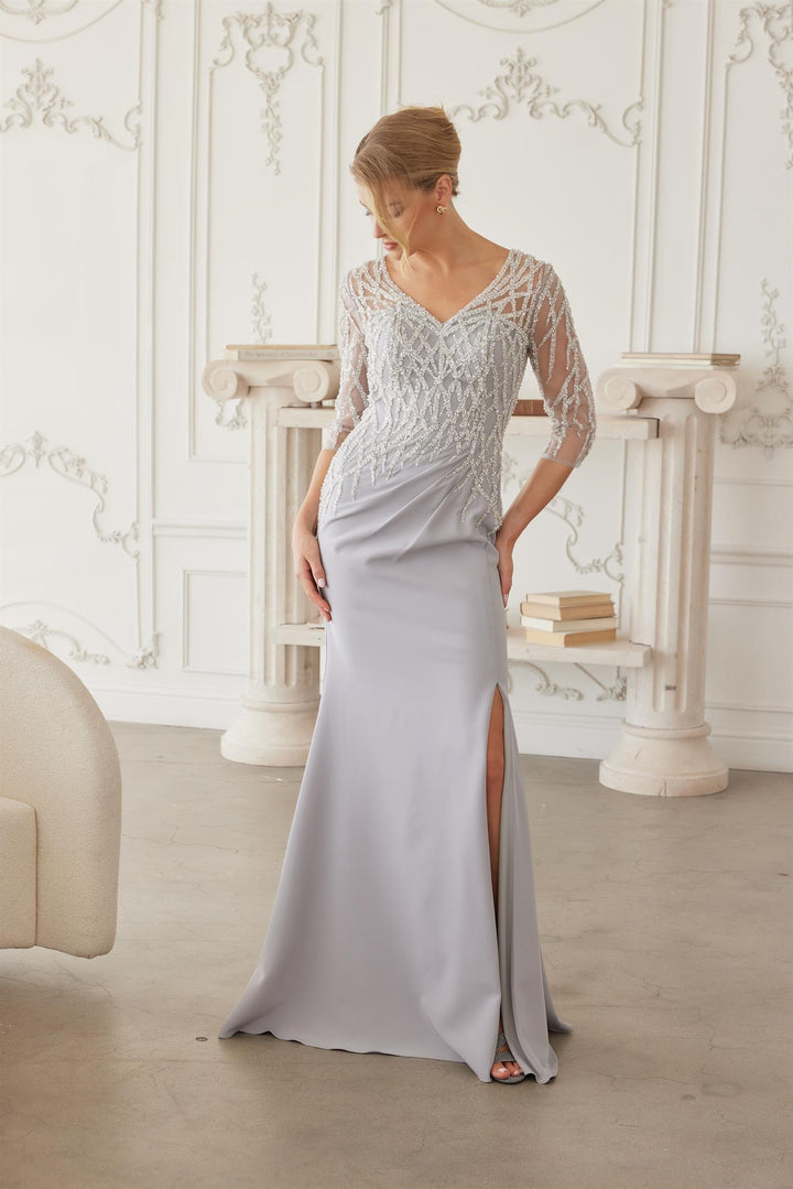 Beaded 3/4 Sleeve Slit Gown by Nox Anabel MH161
