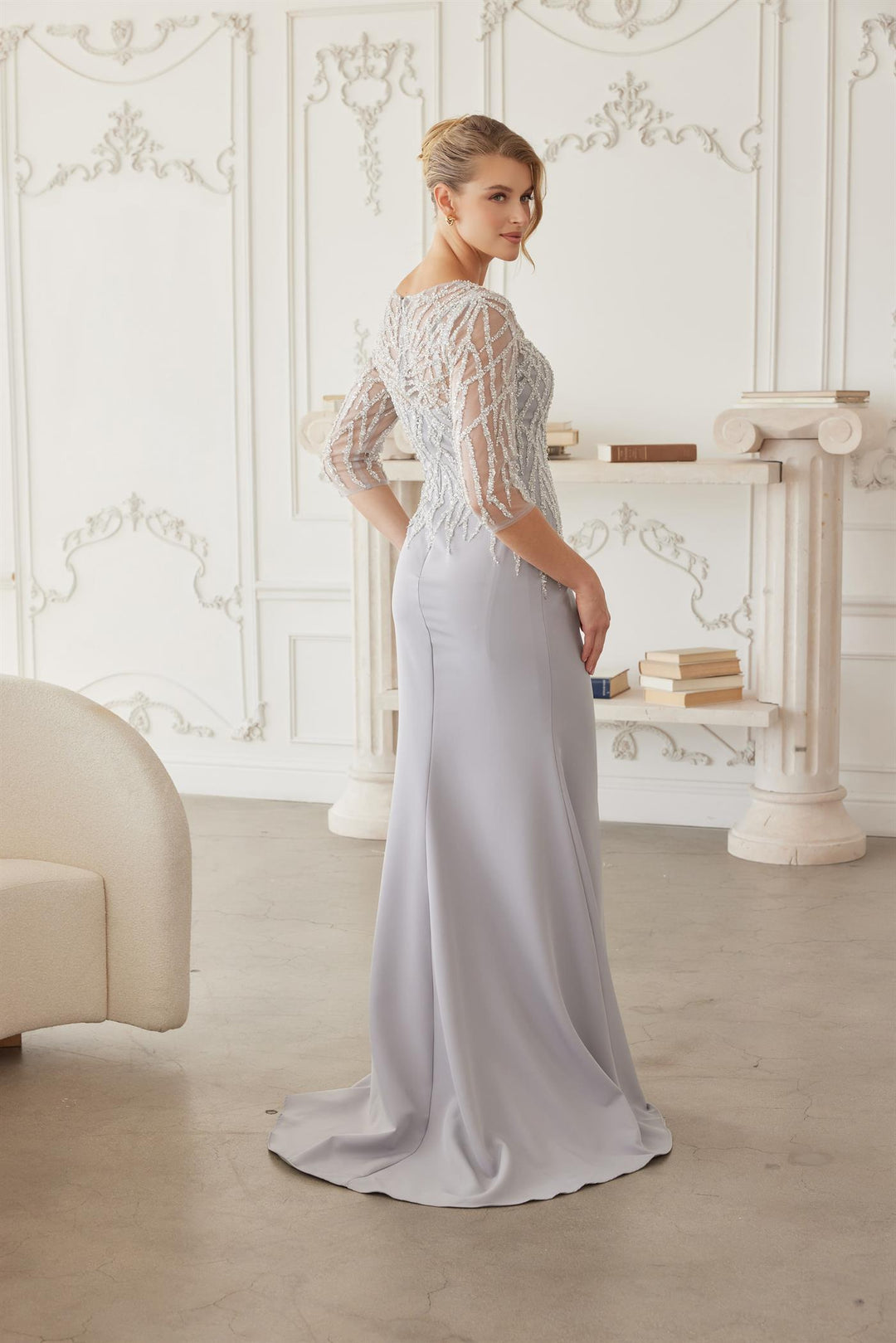 Beaded 3/4 Sleeve Slit Gown by Nox Anabel MH161