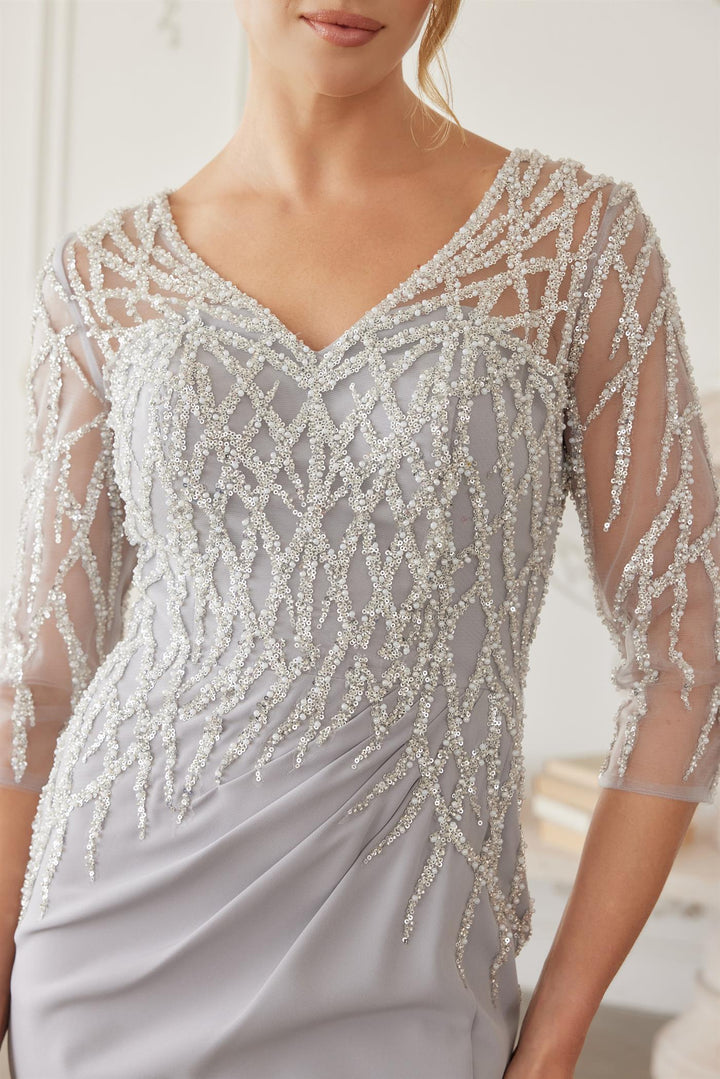 Beaded 3/4 Sleeve Slit Gown by Nox Anabel MH161