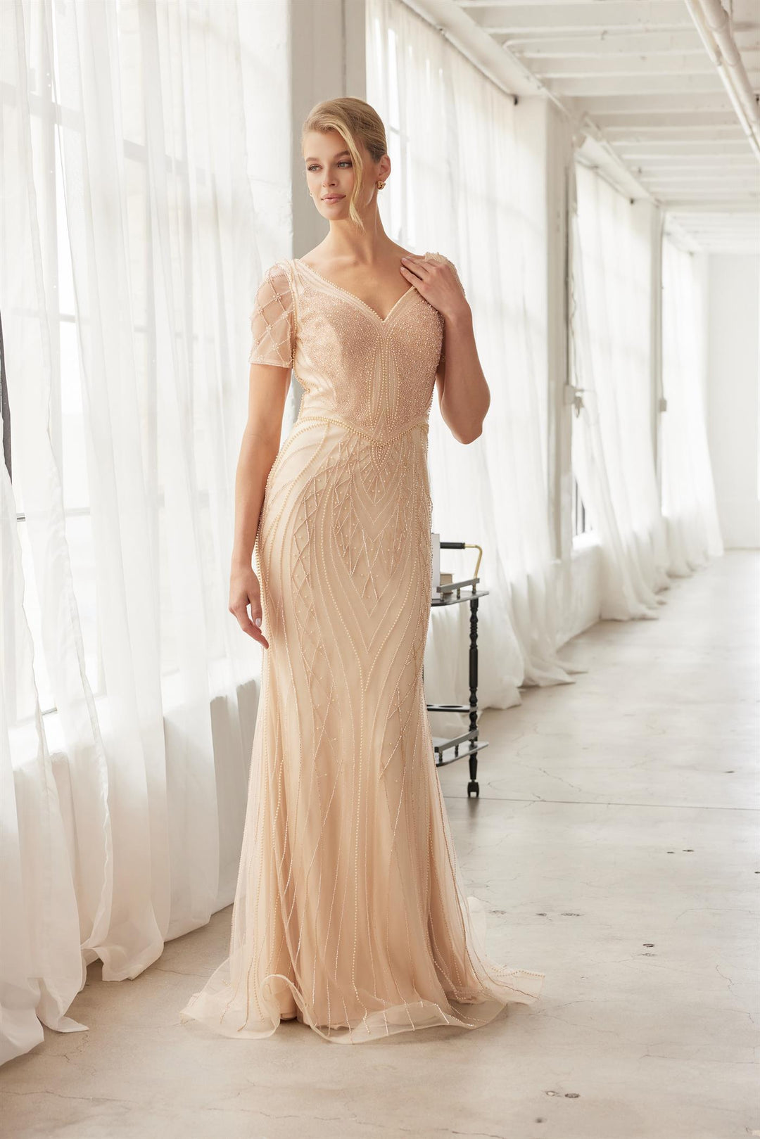 Beaded Fitted Short Sleeve Gown by Nox Anabel MH162