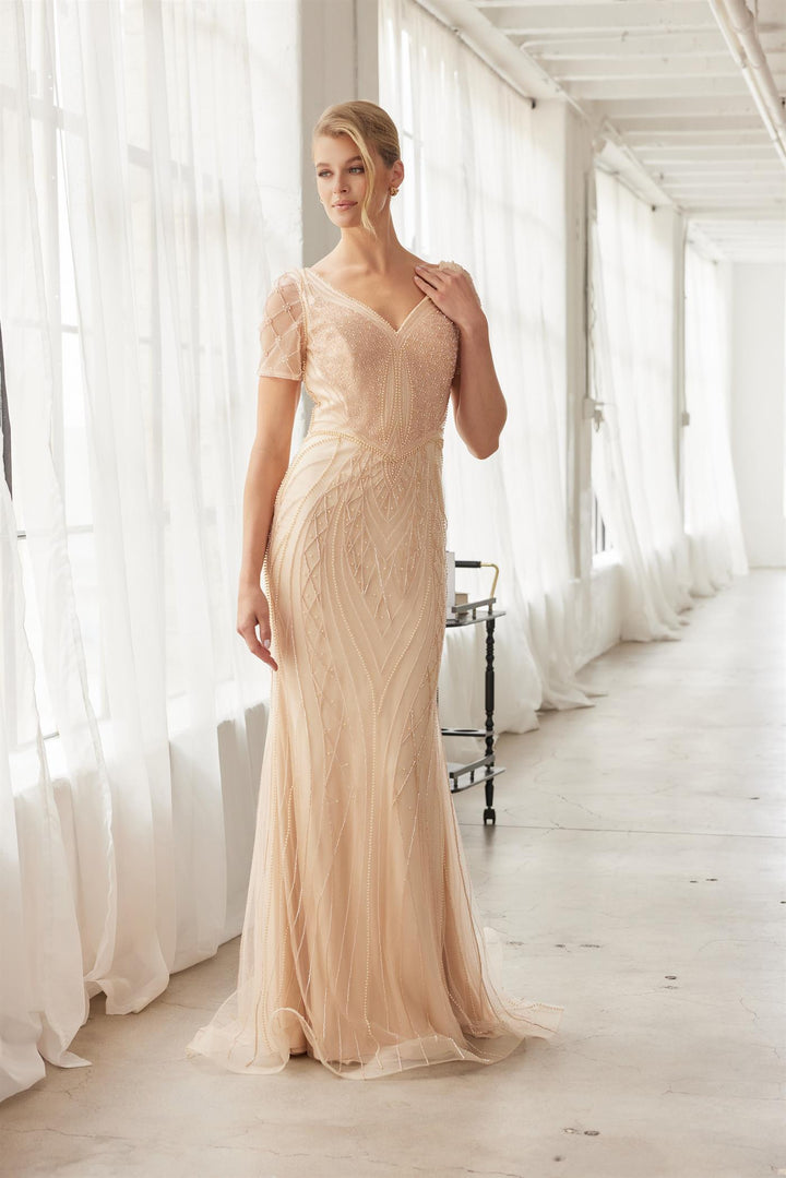 Beaded Fitted Short Sleeve Gown by Nox Anabel MH162