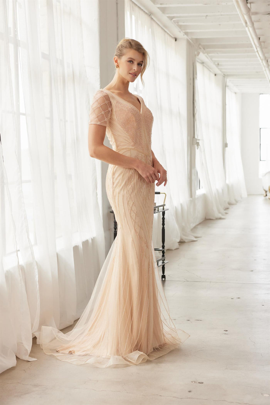 Beaded Fitted Short Sleeve Gown by Nox Anabel MH162