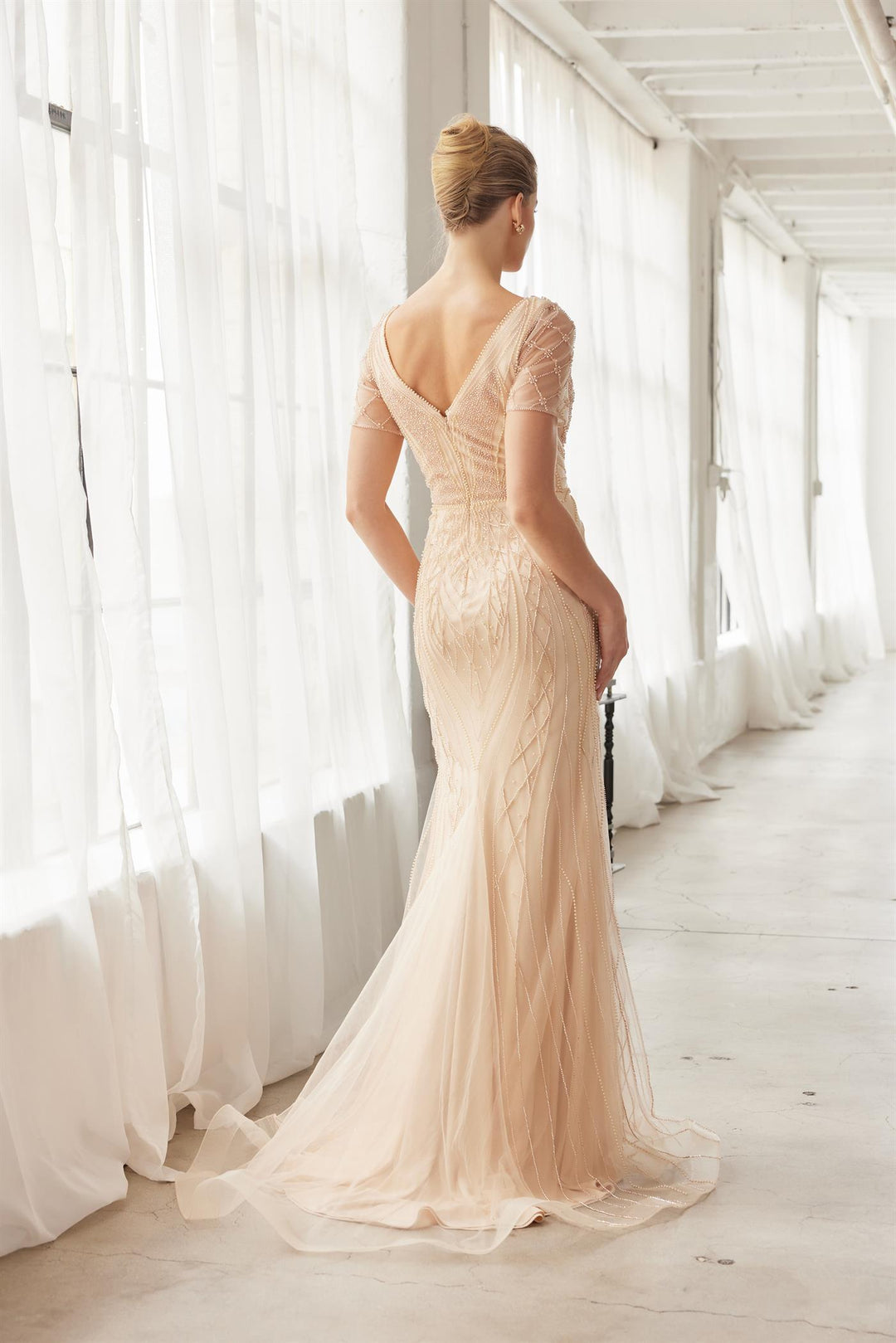 Beaded Fitted Short Sleeve Gown by Nox Anabel MH162