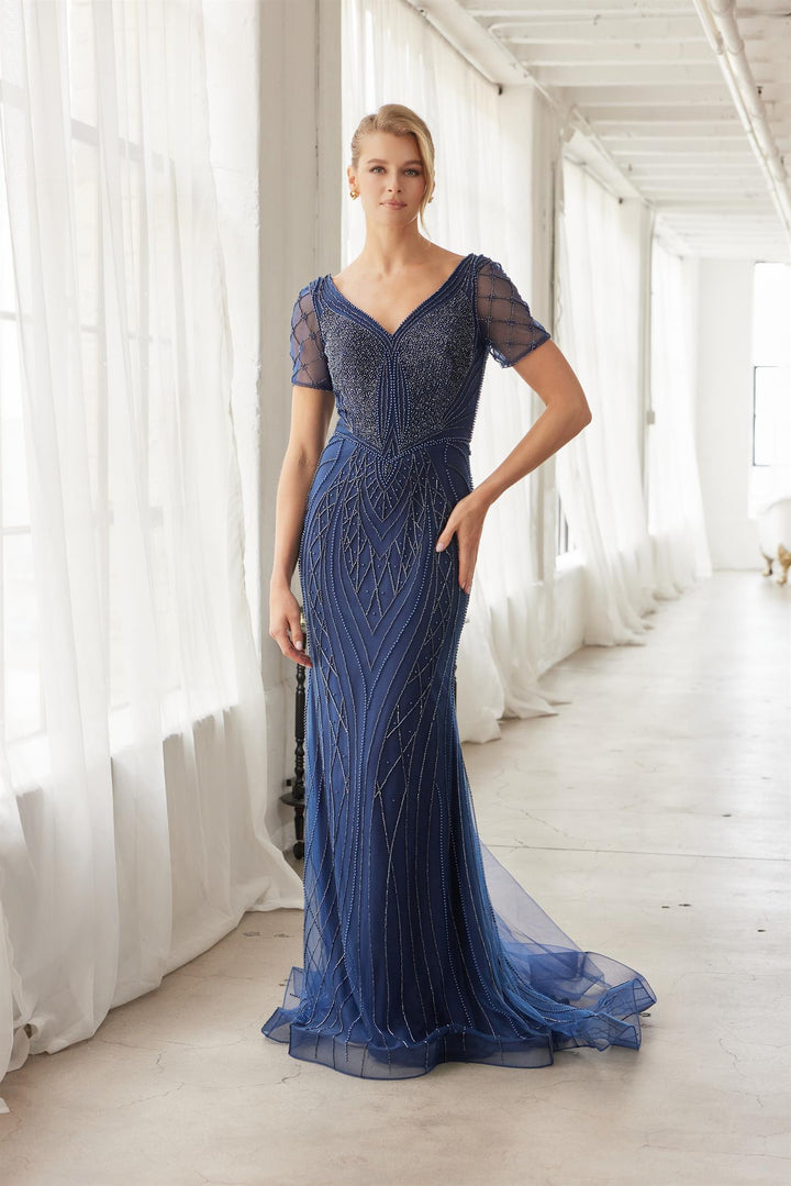 Beaded Fitted Short Sleeve Gown by Nox Anabel MH162