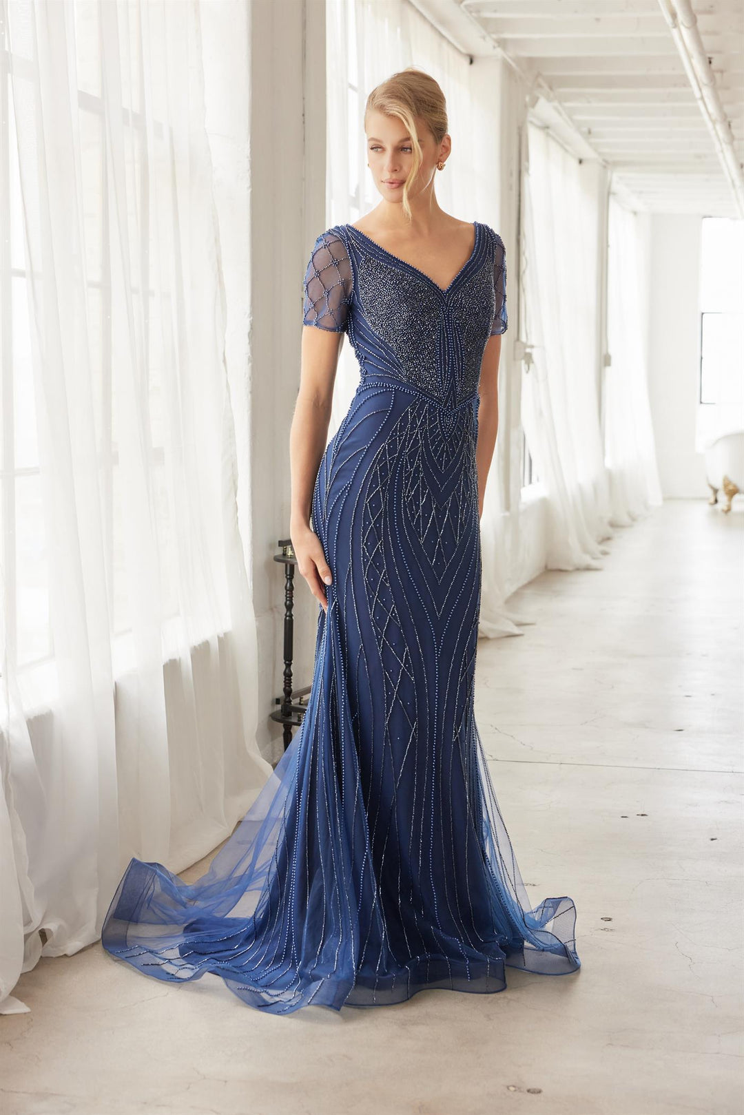Beaded Fitted Short Sleeve Gown by Nox Anabel MH162