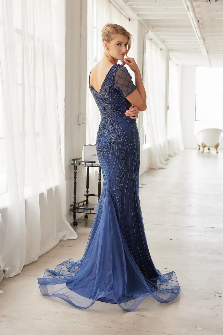 Beaded Fitted Short Sleeve Gown by Nox Anabel MH162