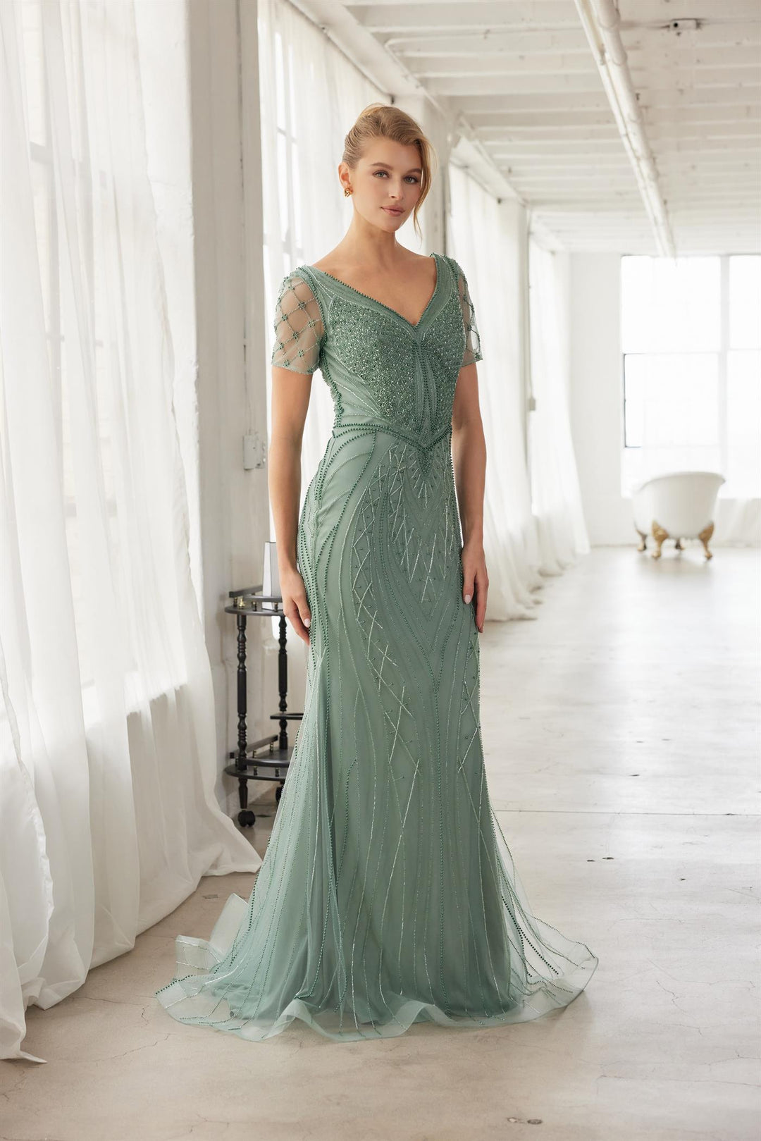 Beaded Fitted Short Sleeve Gown by Nox Anabel MH162