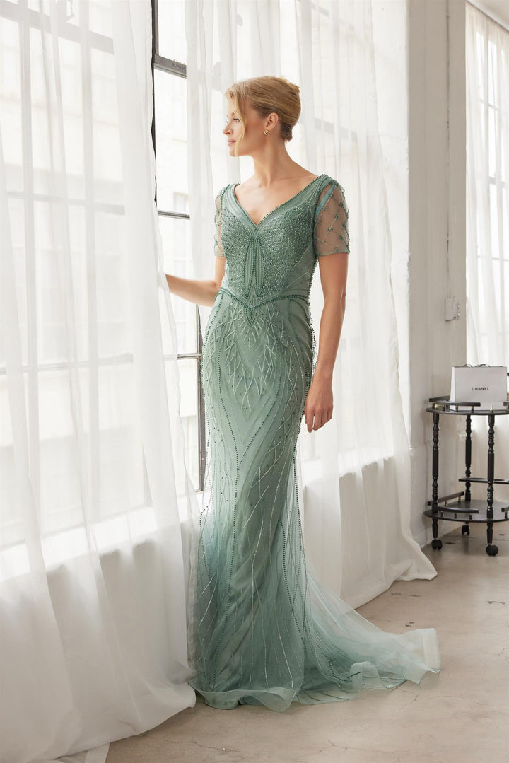 Beaded Fitted Short Sleeve Gown by Nox Anabel MH162