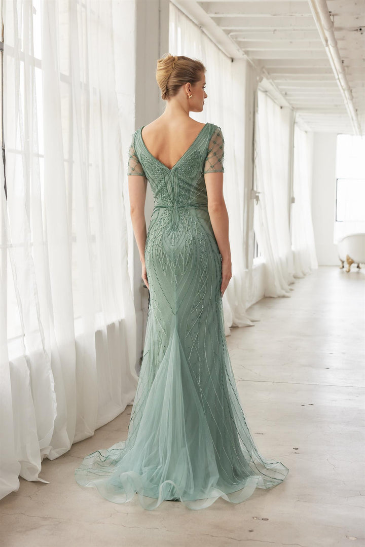 Beaded Fitted Short Sleeve Gown by Nox Anabel MH162