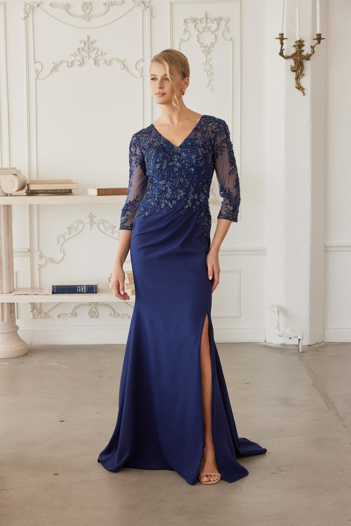 Beaded 3/4 Sleeve Slit Gown by Nox Anabel MH163