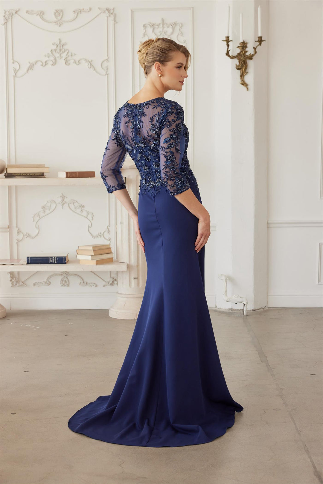 Beaded 3/4 Sleeve Slit Gown by Nox Anabel MH163