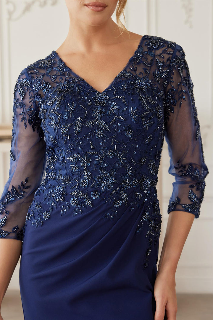 Beaded 3/4 Sleeve Slit Gown by Nox Anabel MH163