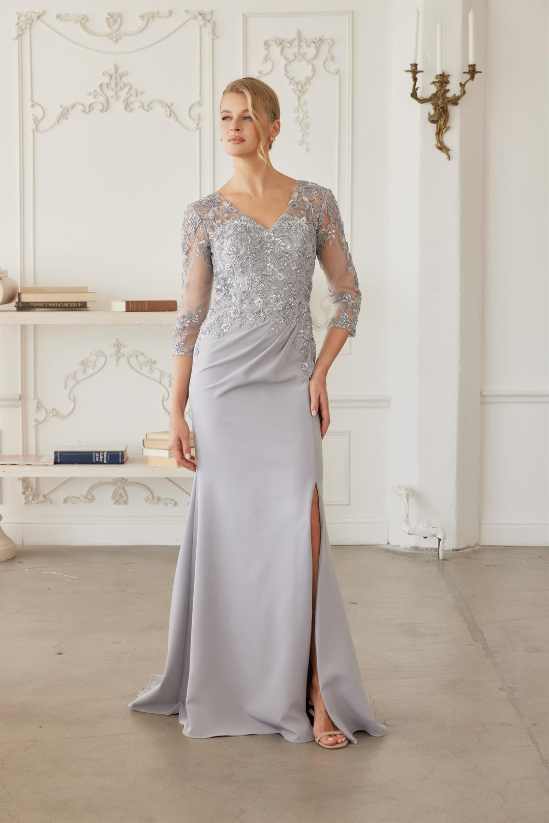 Beaded 3/4 Sleeve Slit Gown by Nox Anabel MH163