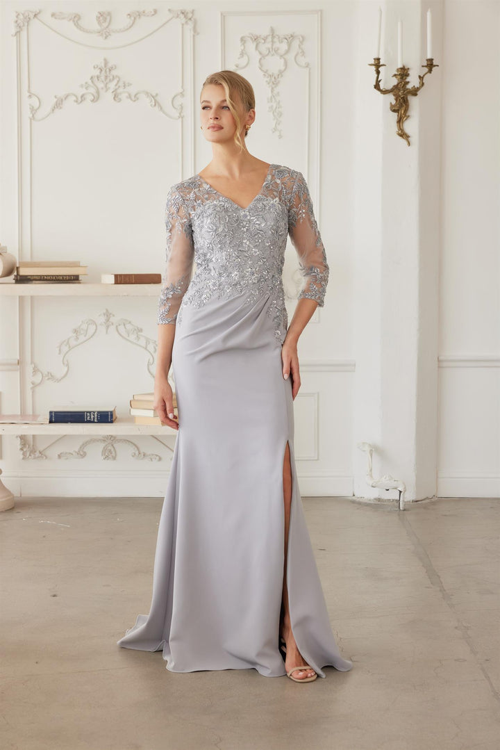 Beaded 3/4 Sleeve Slit Gown by Nox Anabel MH163