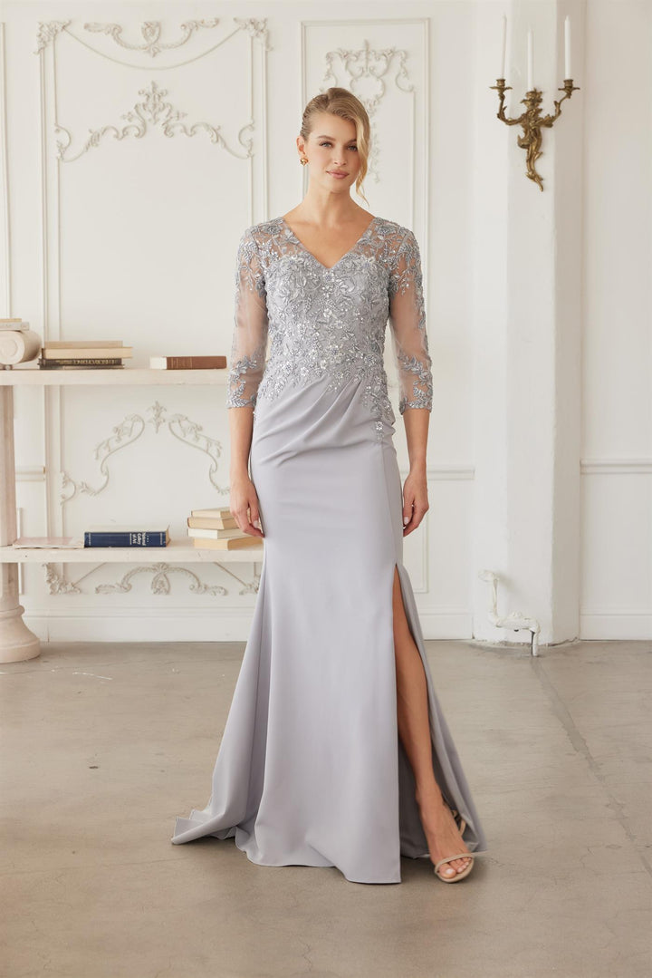 Beaded 3/4 Sleeve Slit Gown by Nox Anabel MH163