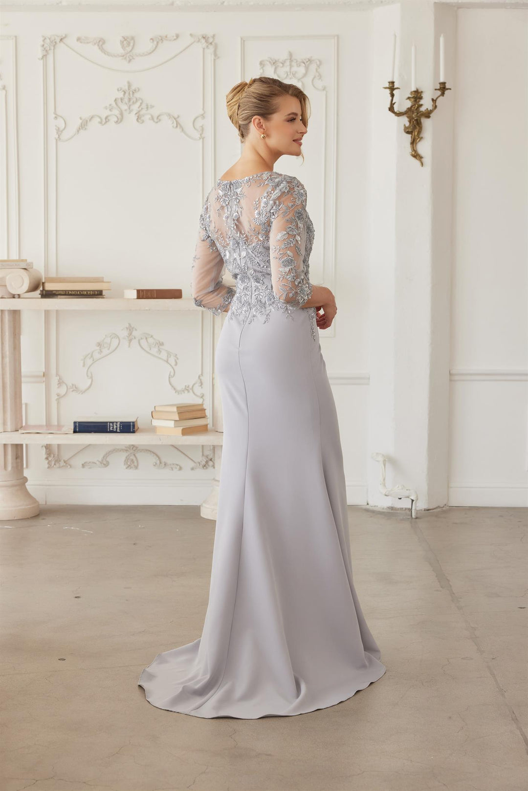 Beaded 3/4 Sleeve Slit Gown by Nox Anabel MH163