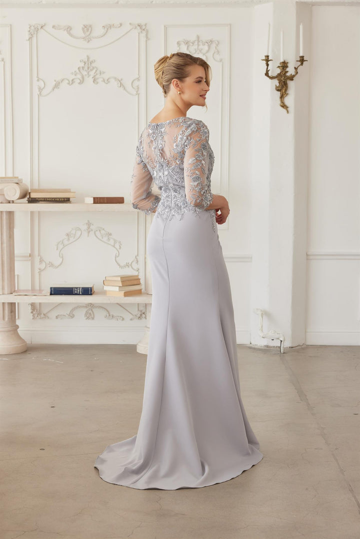 Beaded 3/4 Sleeve Slit Gown by Nox Anabel MH163