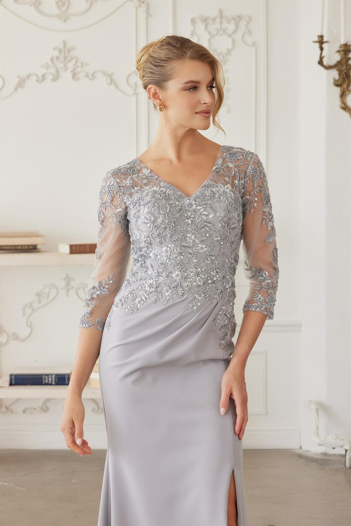 Beaded 3/4 Sleeve Slit Gown by Nox Anabel MH163