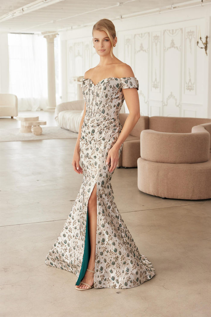 Jacquard Off Shoulder Slit Gown by Nox Anabel MJ142