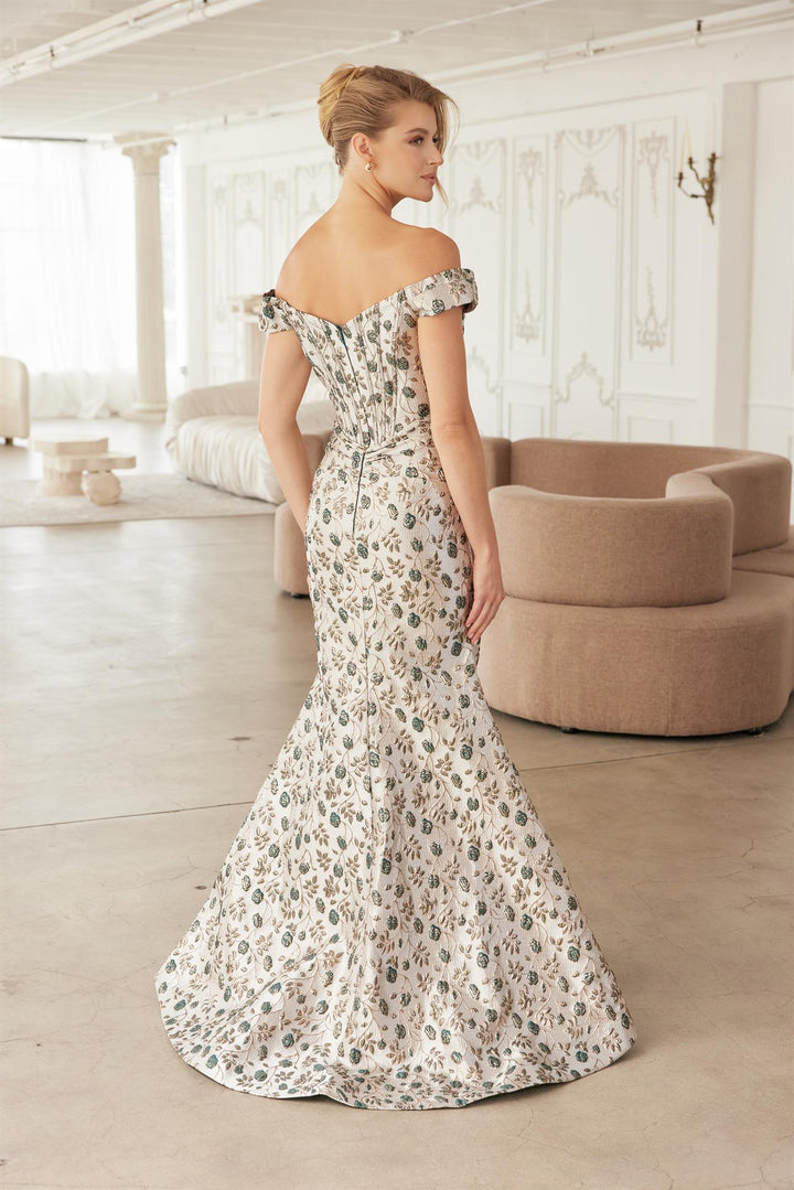 Jacquard Off Shoulder Slit Gown by Nox Anabel MJ142