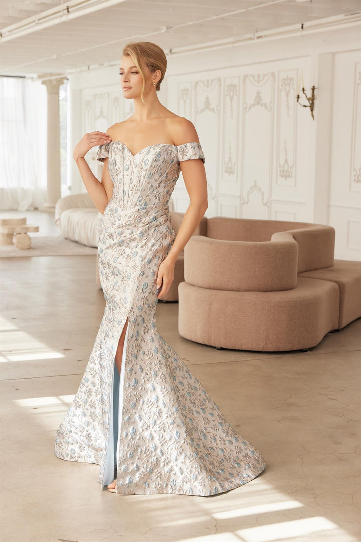 Jacquard Off Shoulder Slit Gown by Nox Anabel MJ142