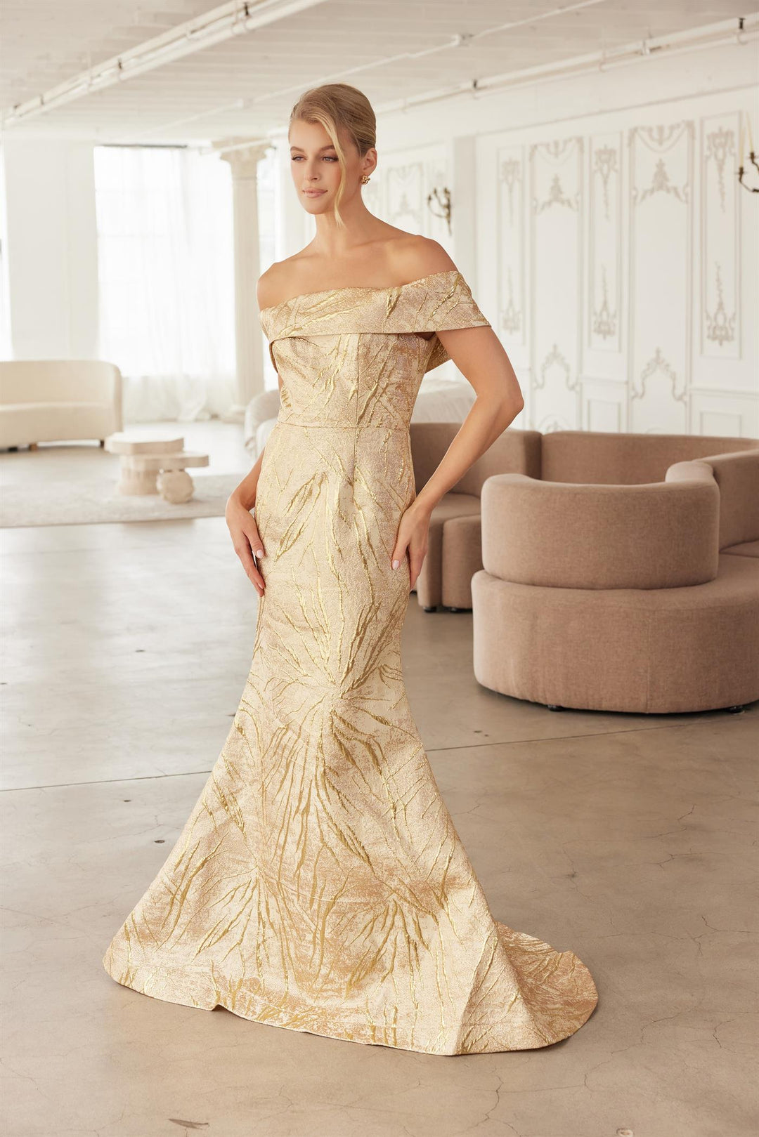 Jacquard Fitted Off Shoulder Gown by Nox Anabel MJ144