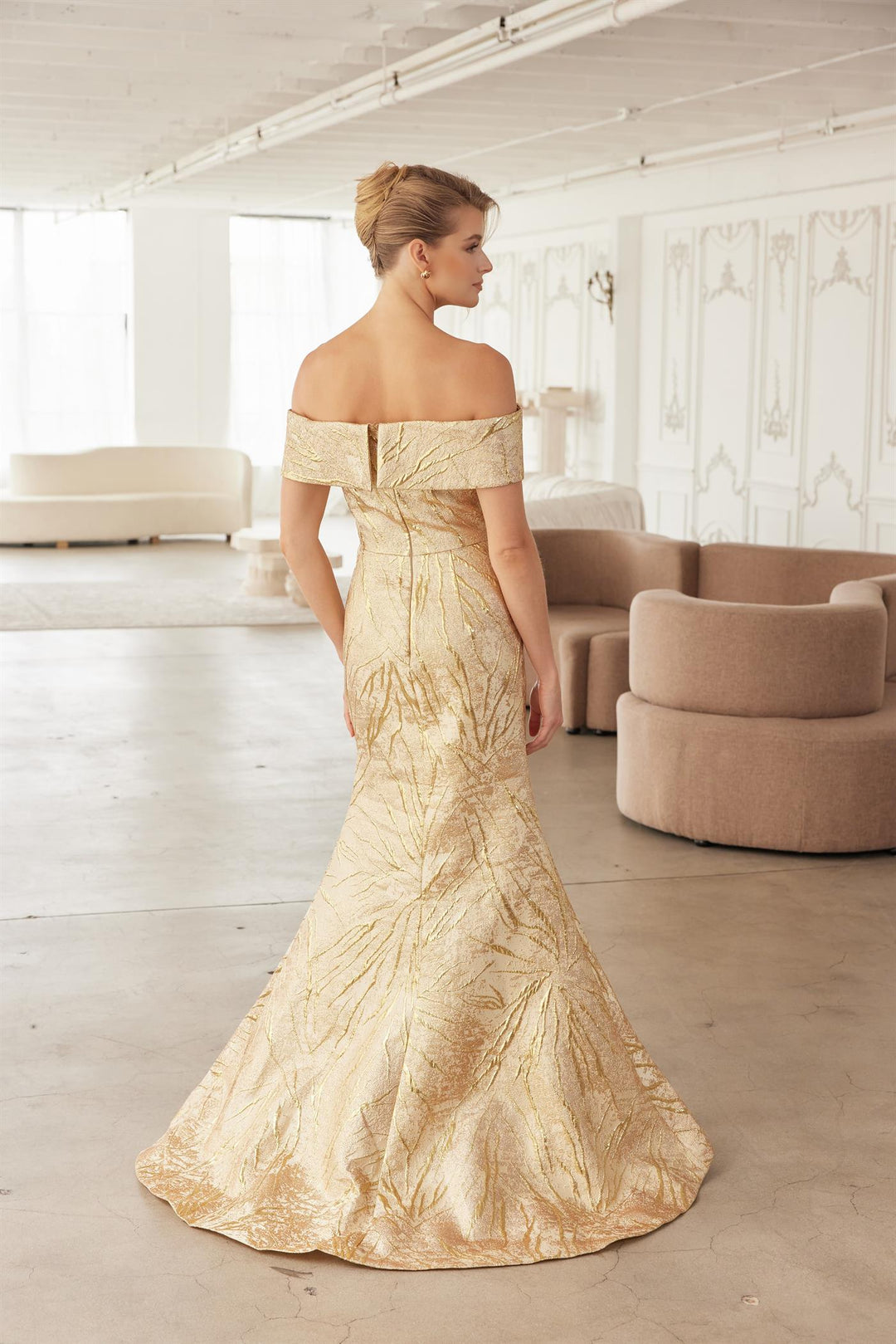 Jacquard Fitted Off Shoulder Gown by Nox Anabel MJ144