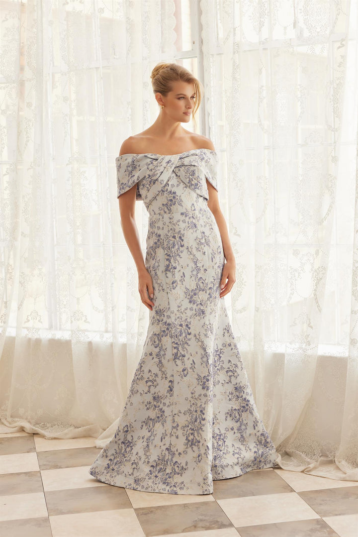 Jacquard Fitted Off Shoulder Gown by Nox Anabel MT154