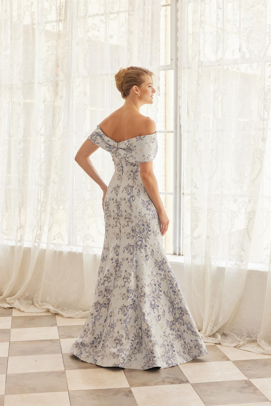jacquard evening dress Bronze Floral Jacquard Evening Gown with Velvet Waistband