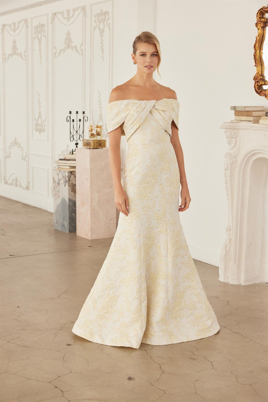 Jacquard Fitted Off Shoulder Gown by Nox Anabel MT154