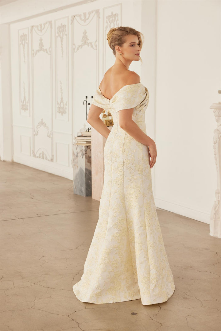 Jacquard Fitted Off Shoulder Gown by Nox Anabel MT154