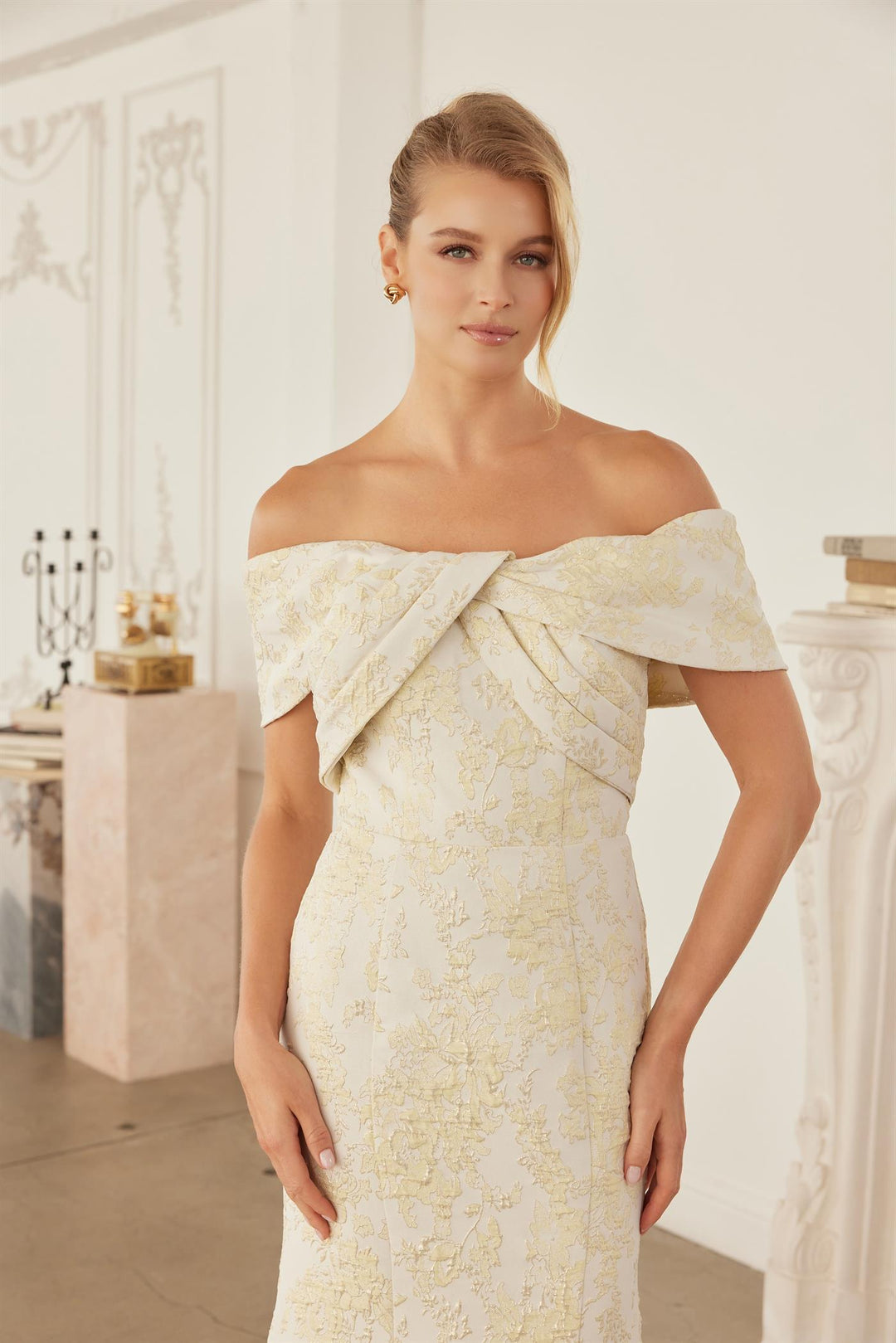 Jacquard Fitted Off Shoulder Gown by Nox Anabel MT154