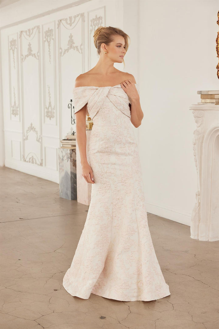 Jacquard Fitted Off Shoulder Gown by Nox Anabel MT154