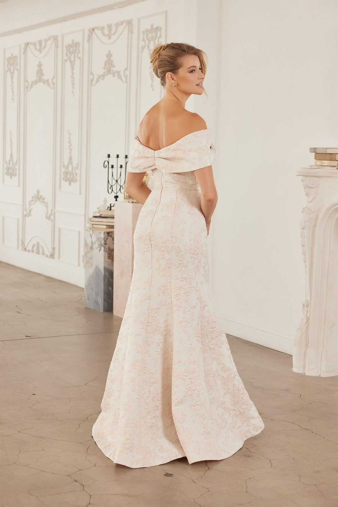 Jacquard Fitted Off Shoulder Gown by Nox Anabel MT154