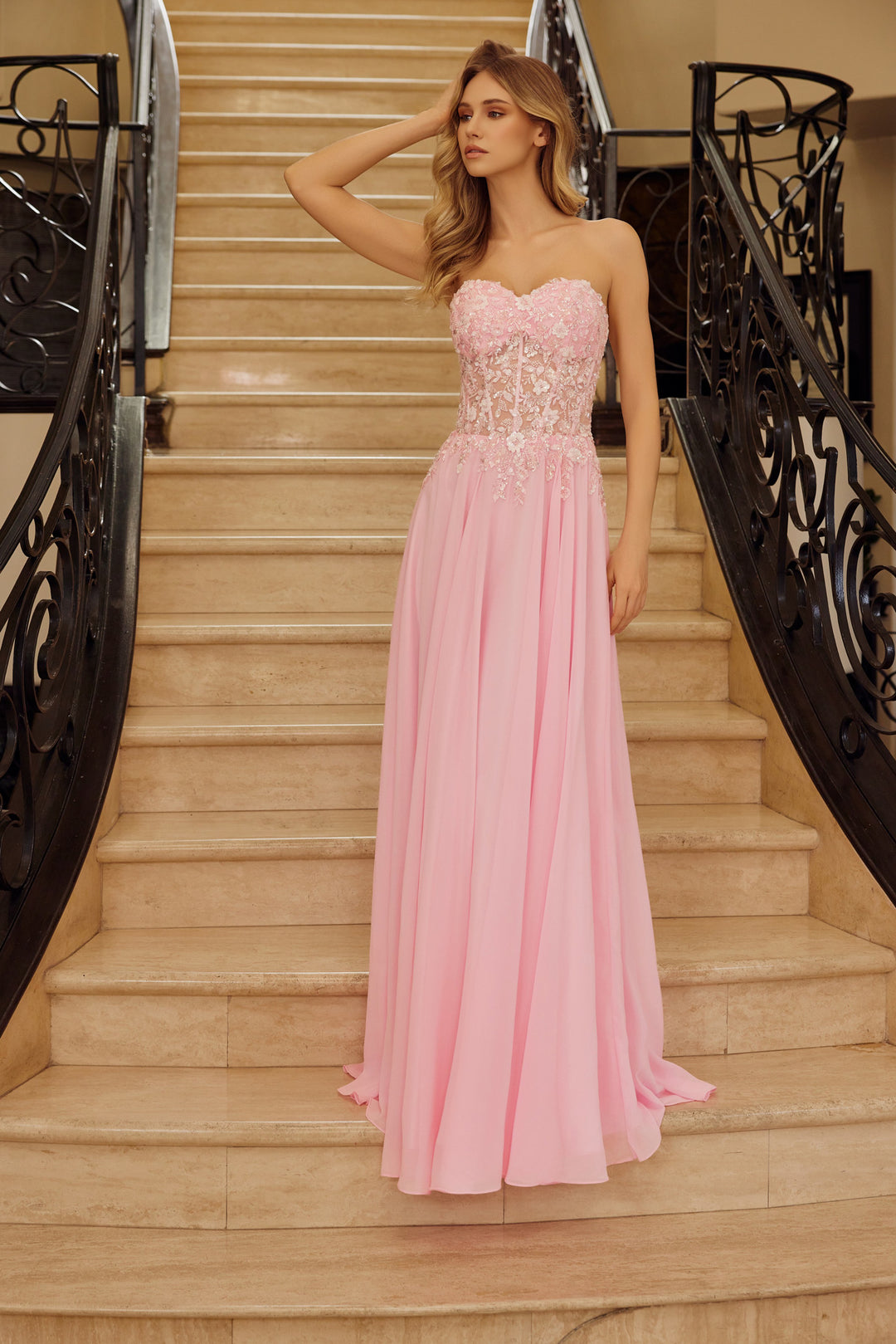 Chiffon Strapless A-line Gown by Nox Anabel C1617