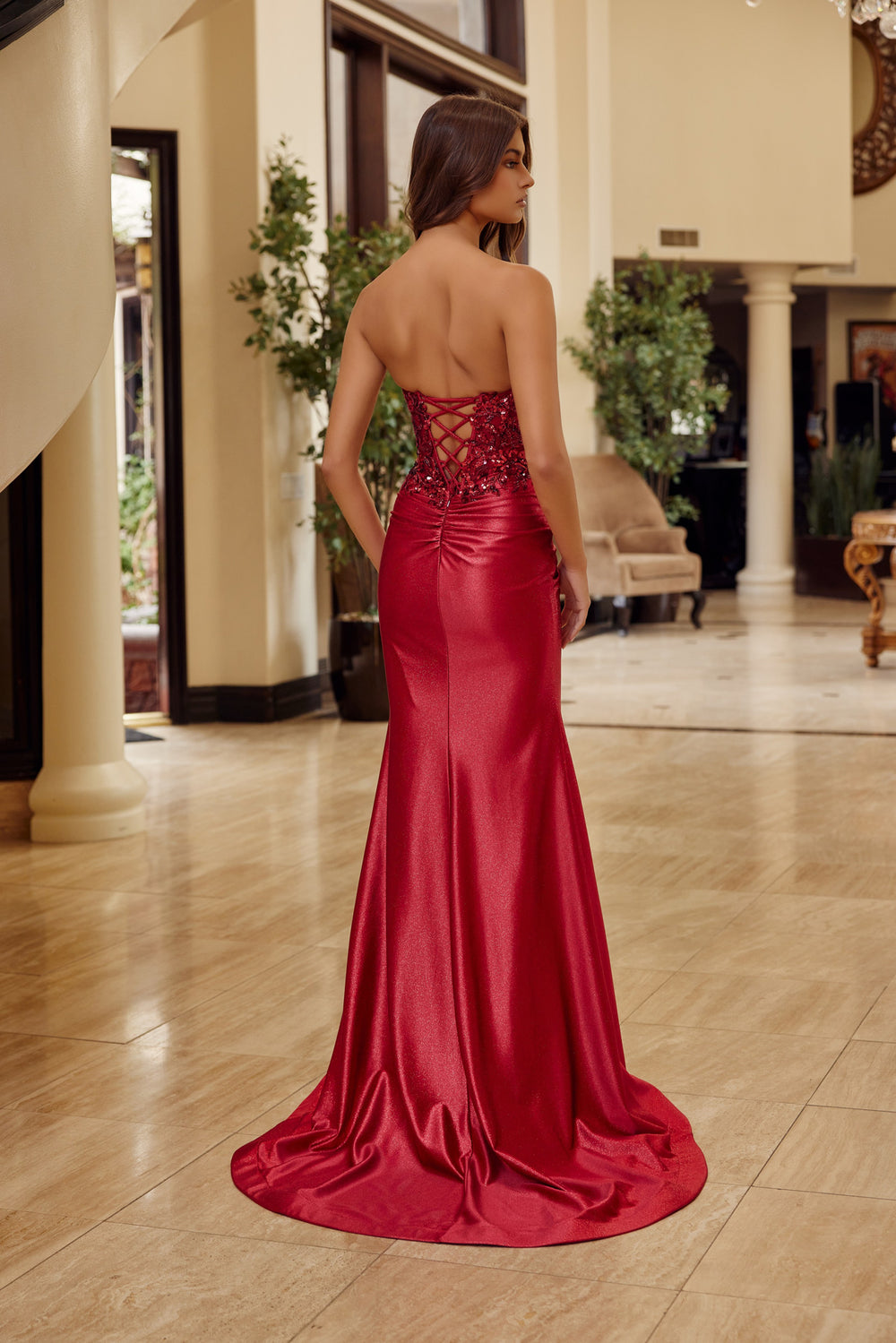 Glitter Satin Strapless Slit Gown by Nox Anabel C1630 Glitter Satin Strapless Slit Gown by Nox Anabel C1630