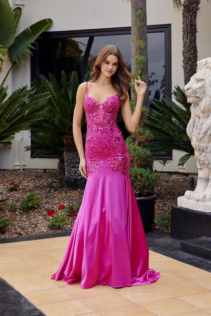 Applique Satin V-Neck Gown by Nox Anabel E1532