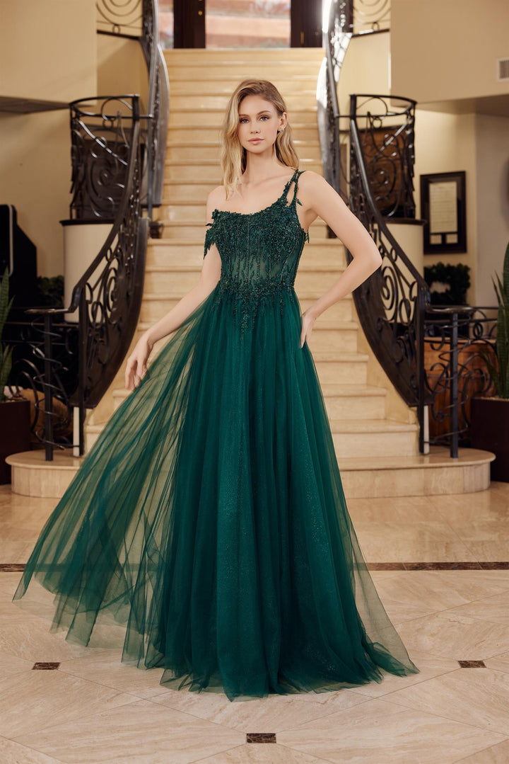 Applique One Shoulder A-line Gown by Nox Anabel F1567