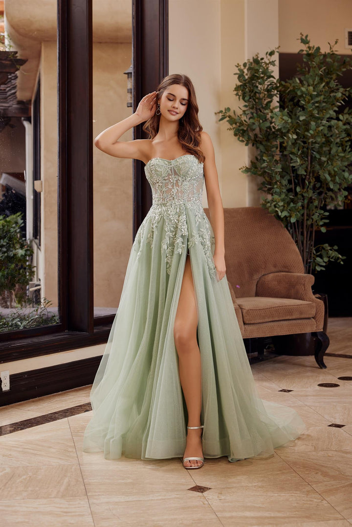 Glitter Strapless A-line Slit Gown by Nox Anabel G1371