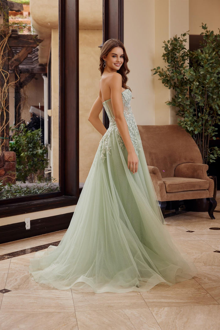Glitter Strapless A-line Slit Gown by Nox Anabel G1371