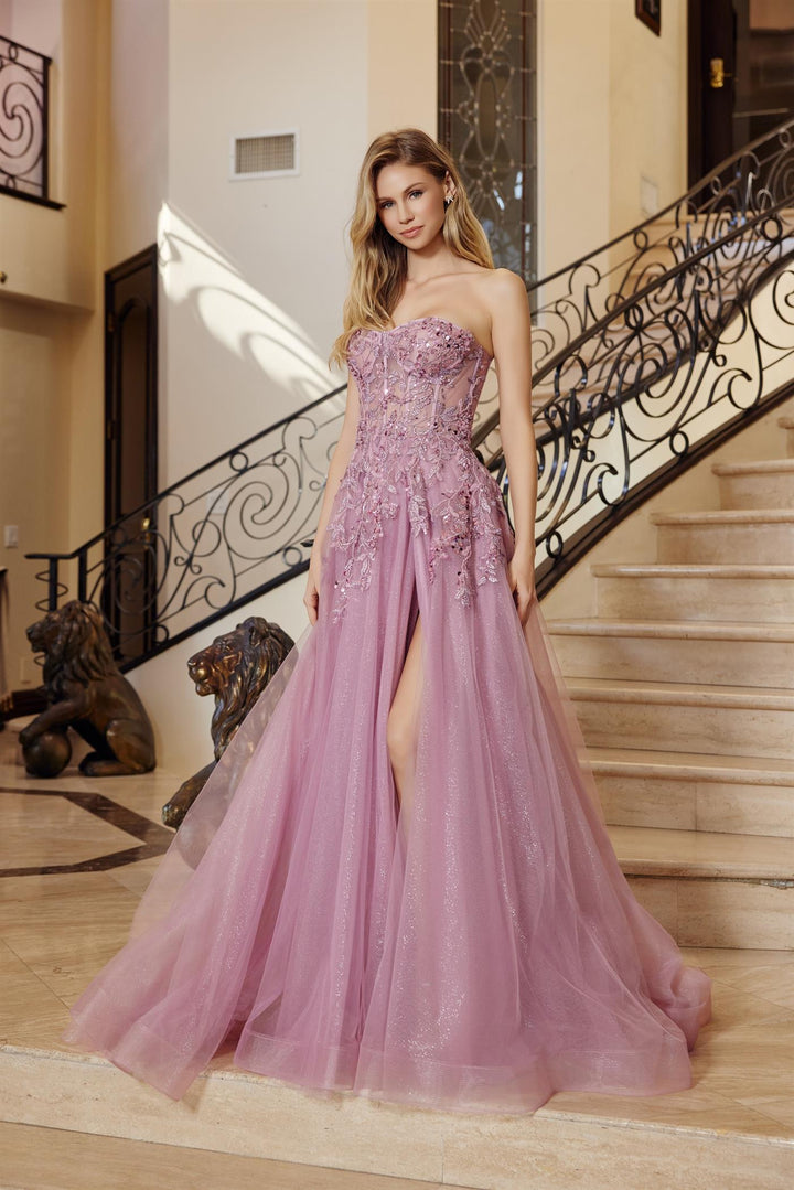 Glitter Strapless A-line Slit Gown by Nox Anabel G1371