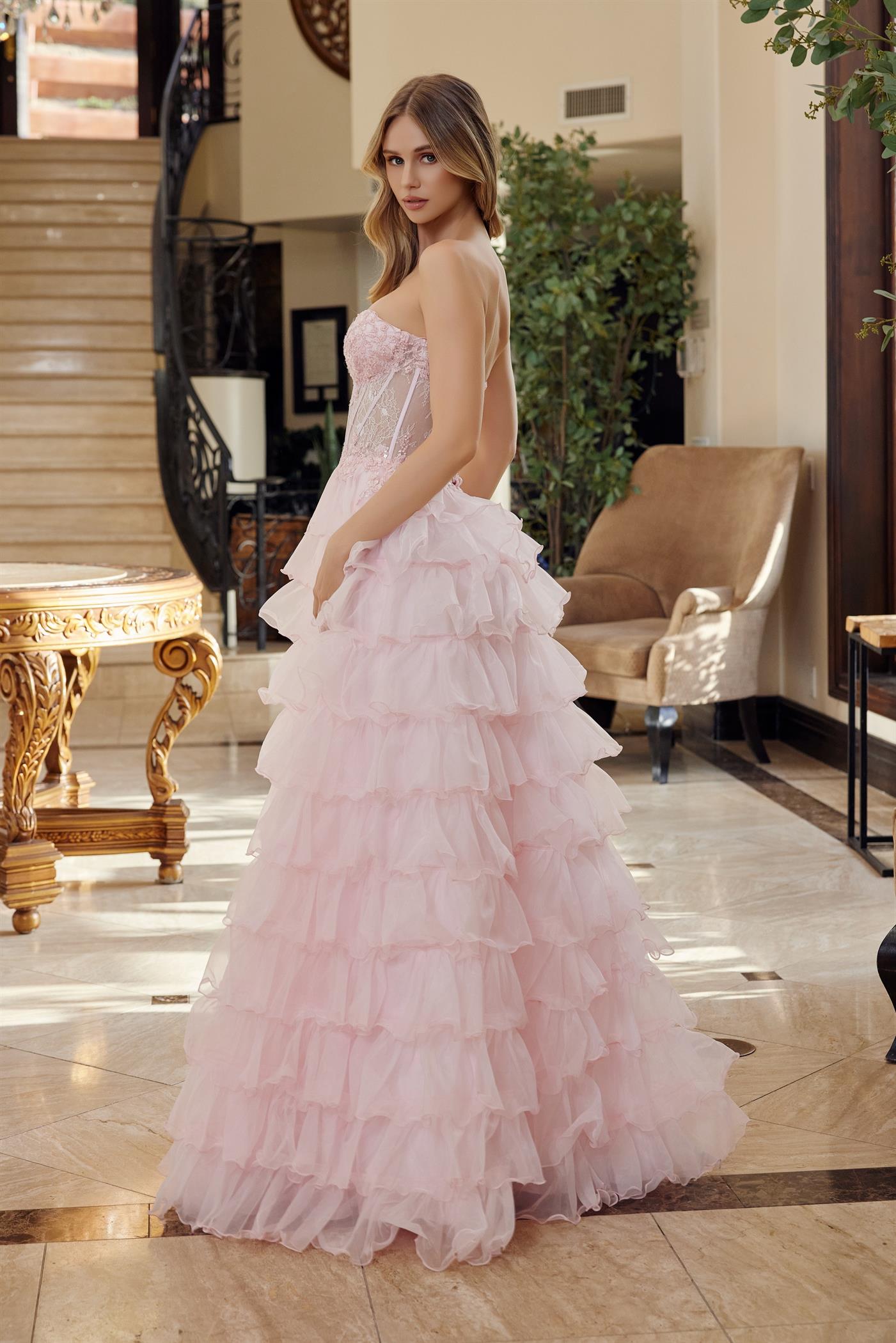 Strapless Ruffled A-line Slit Gown by Nox Anabel R1688 – ABC Fashion