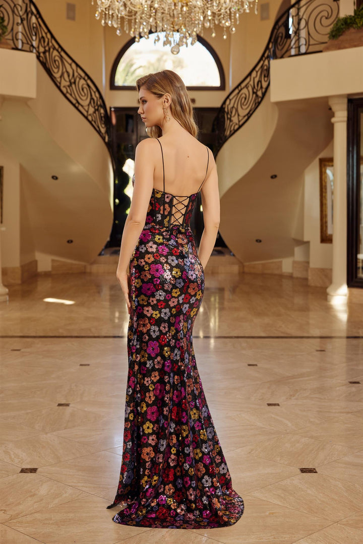 Sequin Print Corset Slit Gown by Nox Anabel T1511