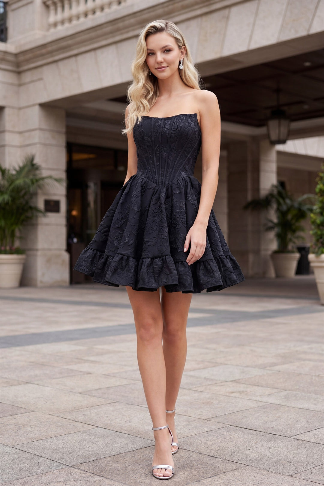 Jacquard Short Strapless A-line Dress by Nox Anabel A7019